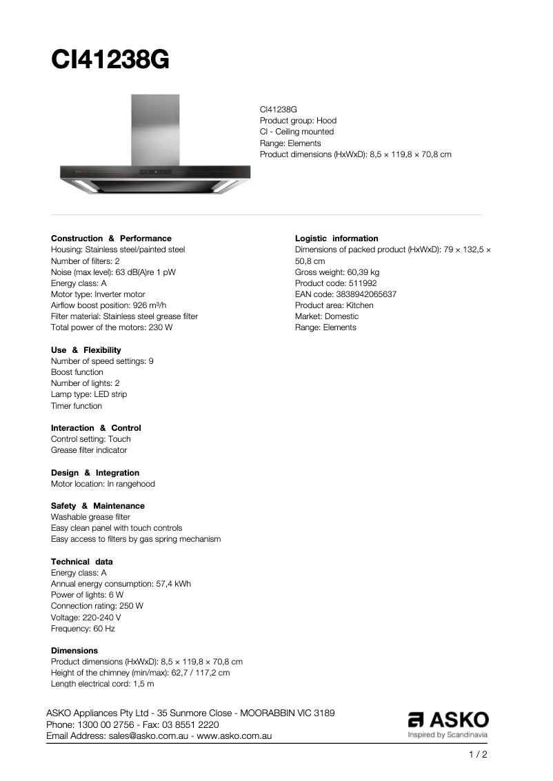 Page n°1 - Fiche technique Asko CI41238G
