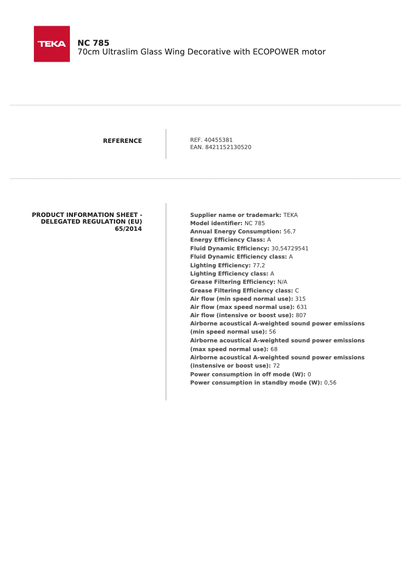 Page 1 de la notice Fiche technique Teka NC 785