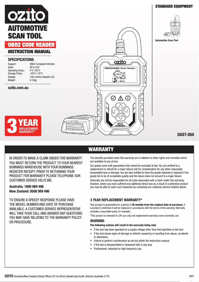 Page 1 de la notice Manuel utilisateur Ozito OAST-050