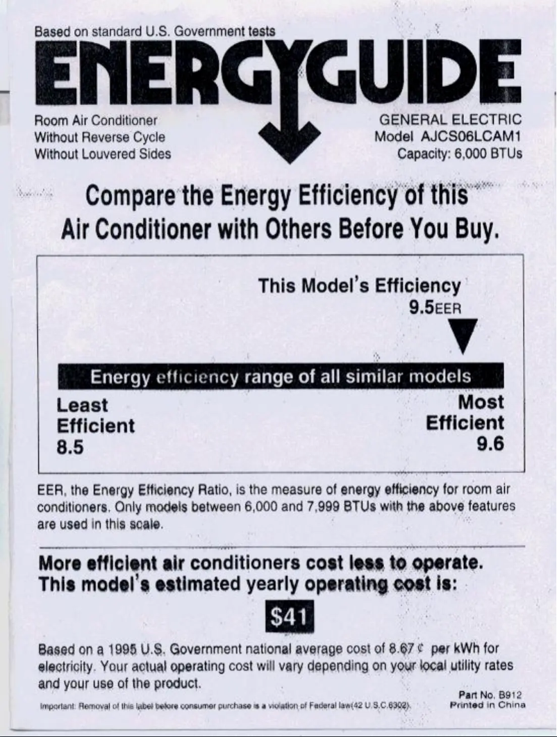 Page 1 de la notice Label énergétique GE AJCS06LCA