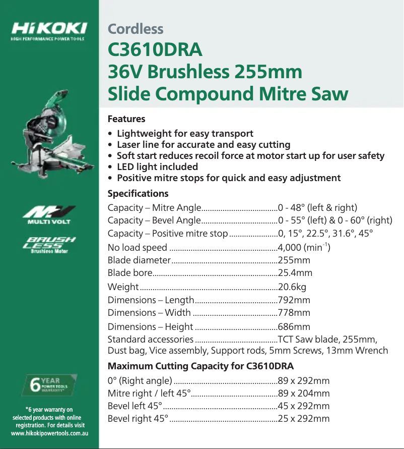 Page 1 de la notice Fiche technique HiKOKI C3610DRA