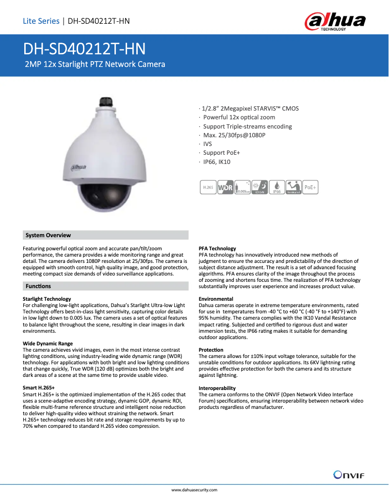 Page 1 de la notice Fiche technique Dahua Technology SD40212T-HN