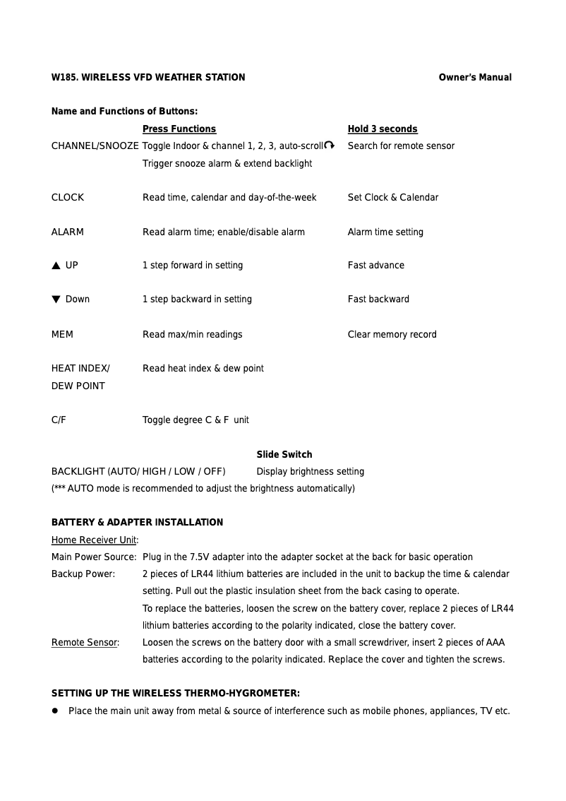 Page n°1 - Manuel utilisateur Ventus W185