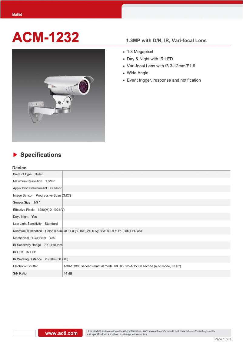 Page n°1 - Fiche technique ACTi ACM-1232