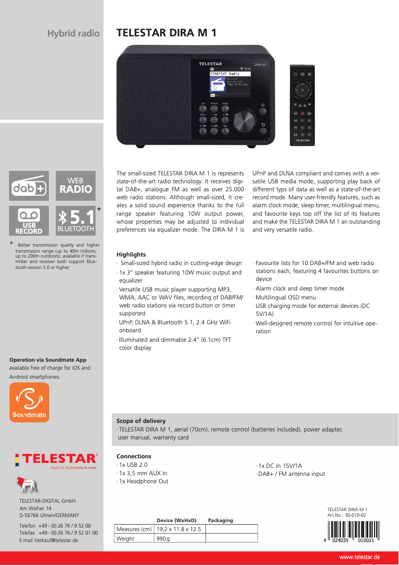 Página 1 del manual Ficha técnica Telestar DIRA M 1