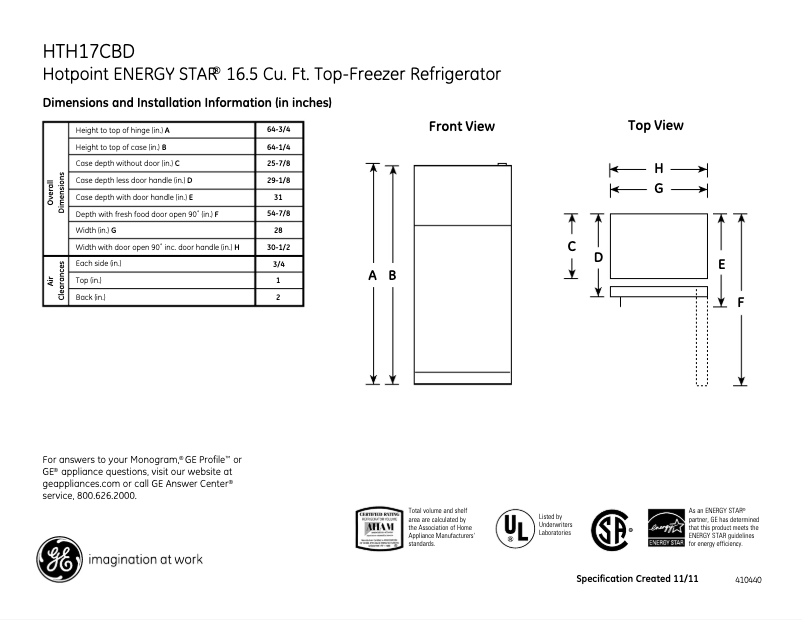 Page 1 de la notice Fiche technique Hotpoint HTH17CBDLWW