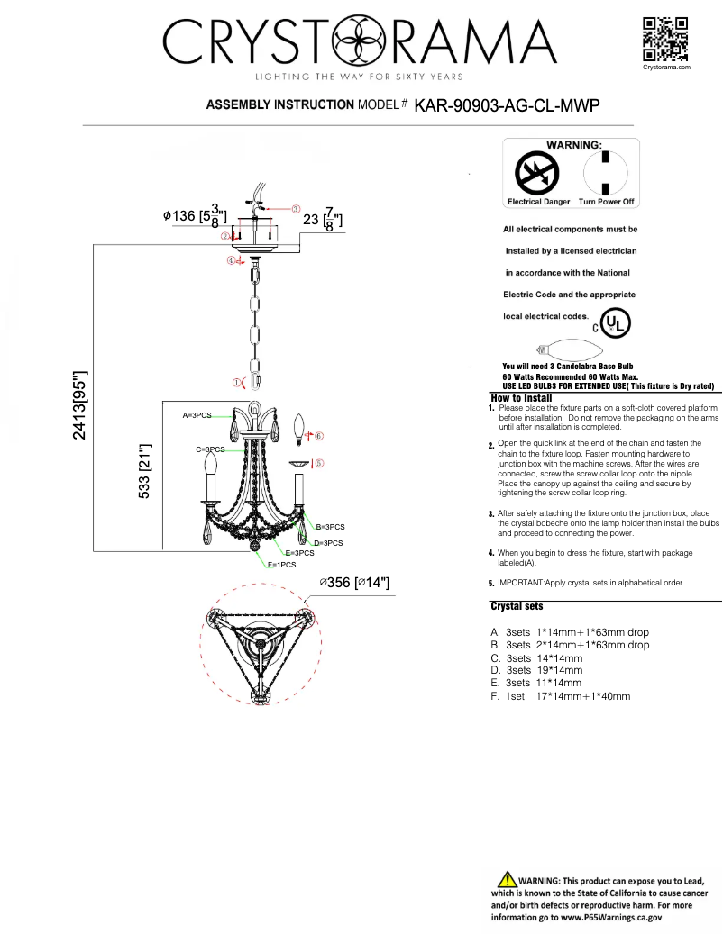 Page 1 de la notice Manuel utilisateur Crystorama Karrington KAR-90903-AG-CL-MWP