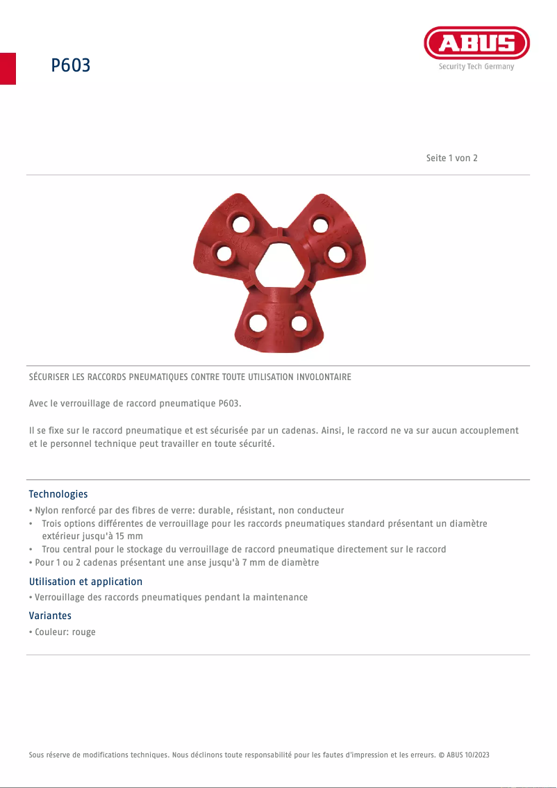 Page 1 de la notice Fiche technique Abus P603