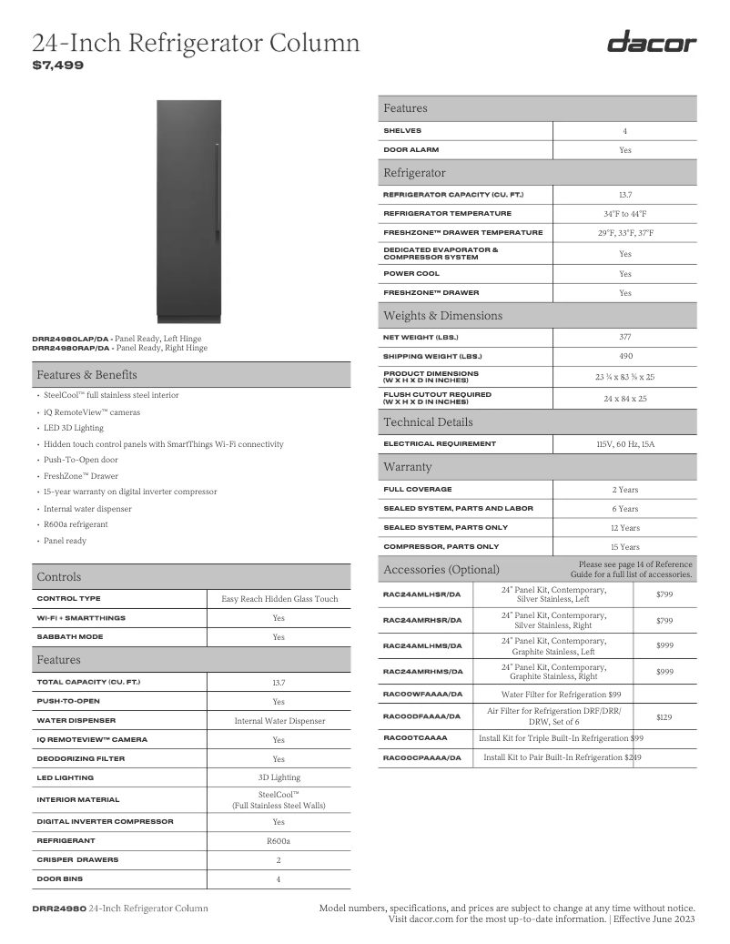 Page 1 de la notice Fiche technique Dacor RAC24AMLHMS