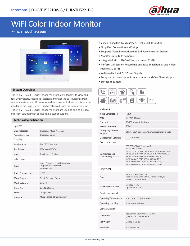 Page 1 de la notice Fiche technique Dahua Technology DHI-VTH5221D-S