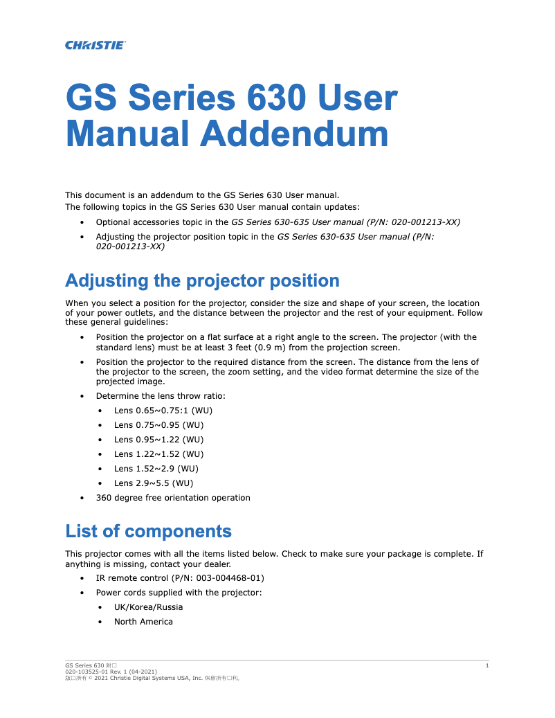 Page 1 de la notice Manuel utilisateur Christie DWU630-GS