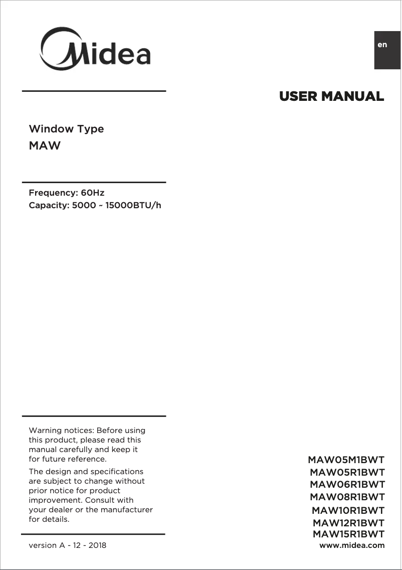 Page 1 de la notice Manuel utilisateur Midea ‎MAW05M1BWT