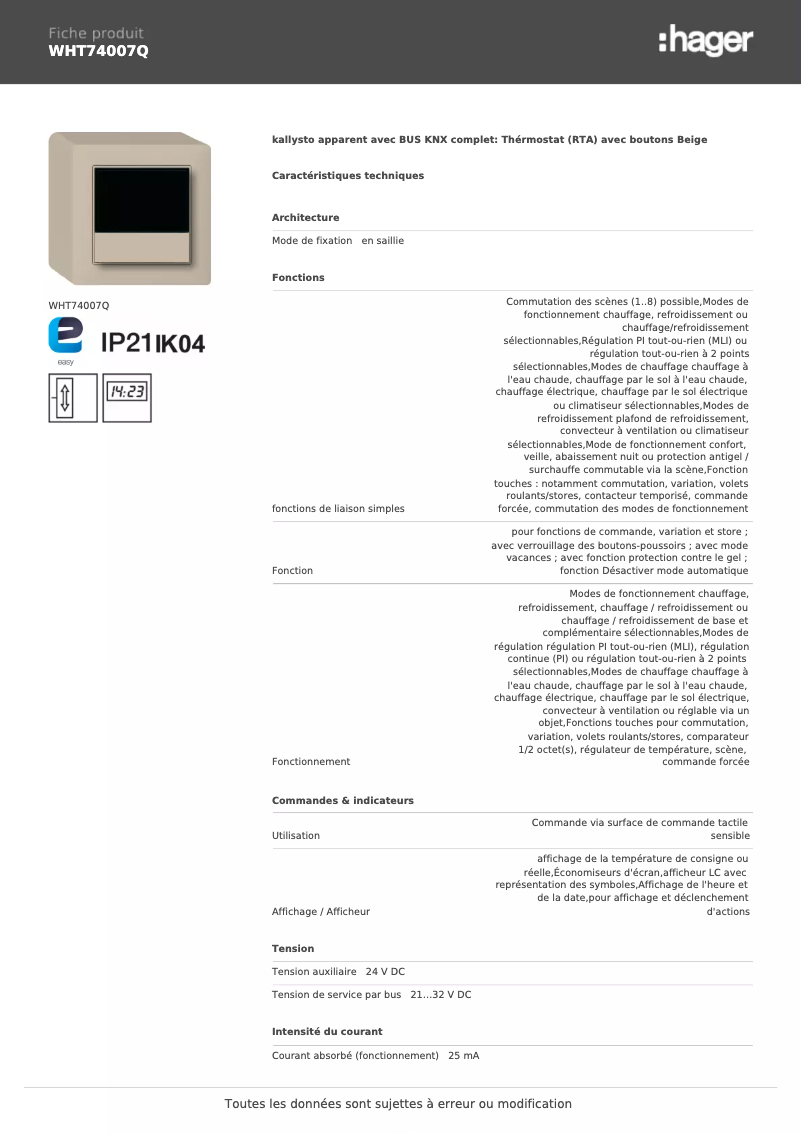 Page n°1 - Fiche technique Hager WHT74007Q