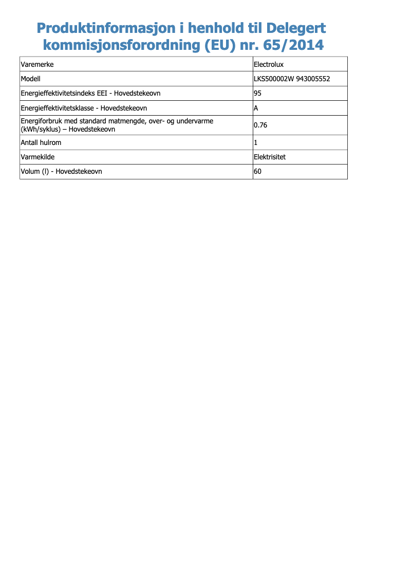 Page 1 de la notice Fiche technique Electrolux LKS500002W