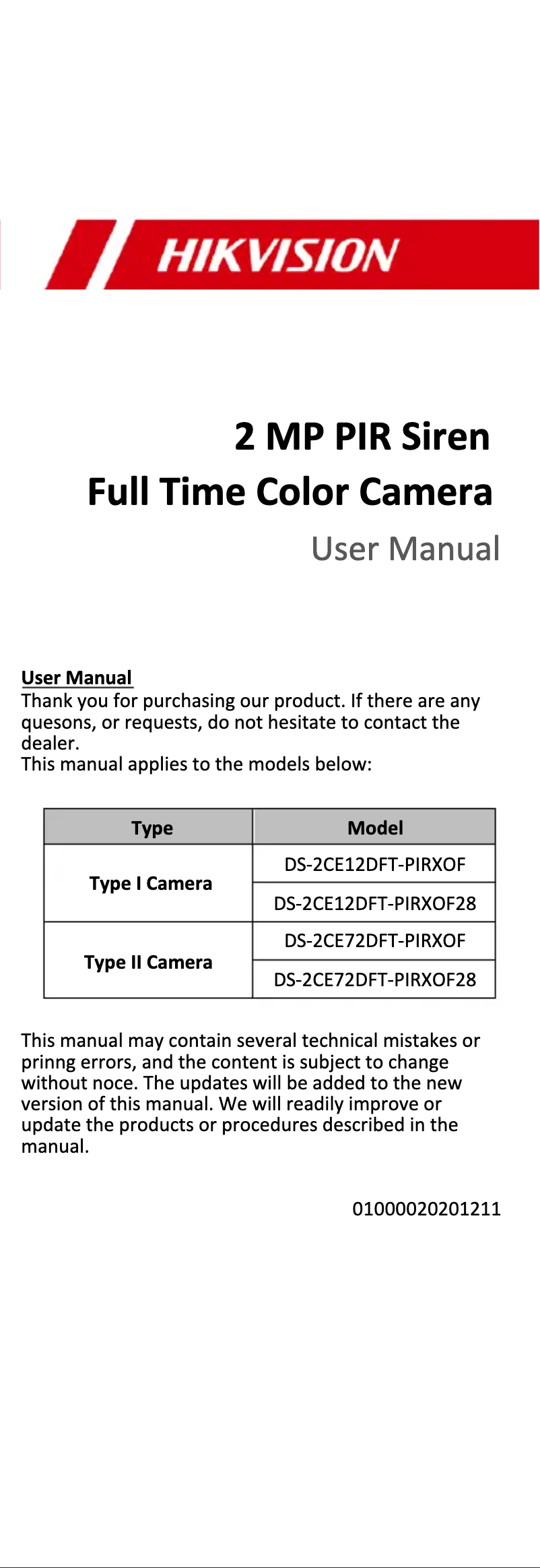 Page 1 de la notice Manuel utilisateur Hikvision DS-2CE72DFT-PIRXOF