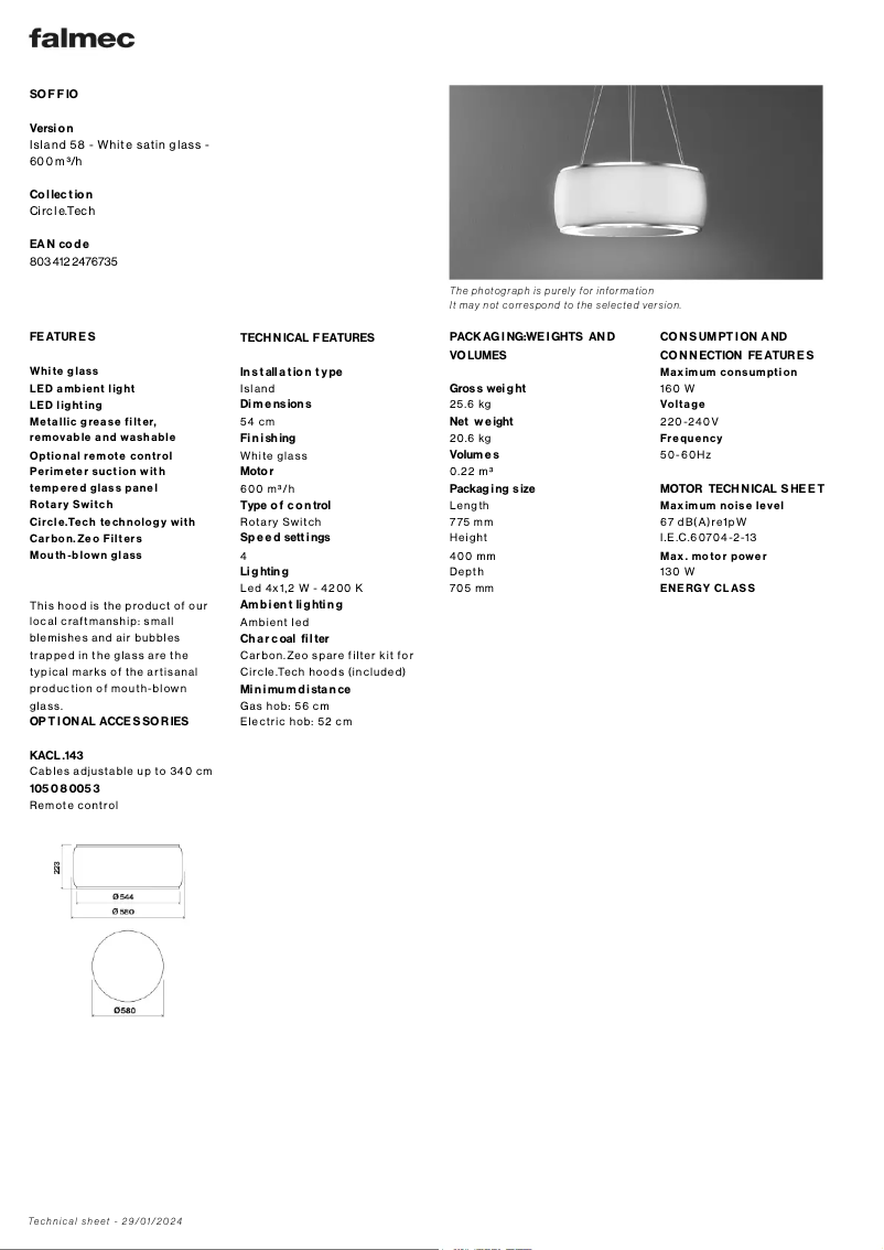 Page 1 de la notice Fiche technique Falmec Soffio