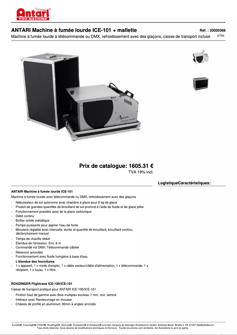 Page 1 de la notice Fiche technique Antari ICE-101