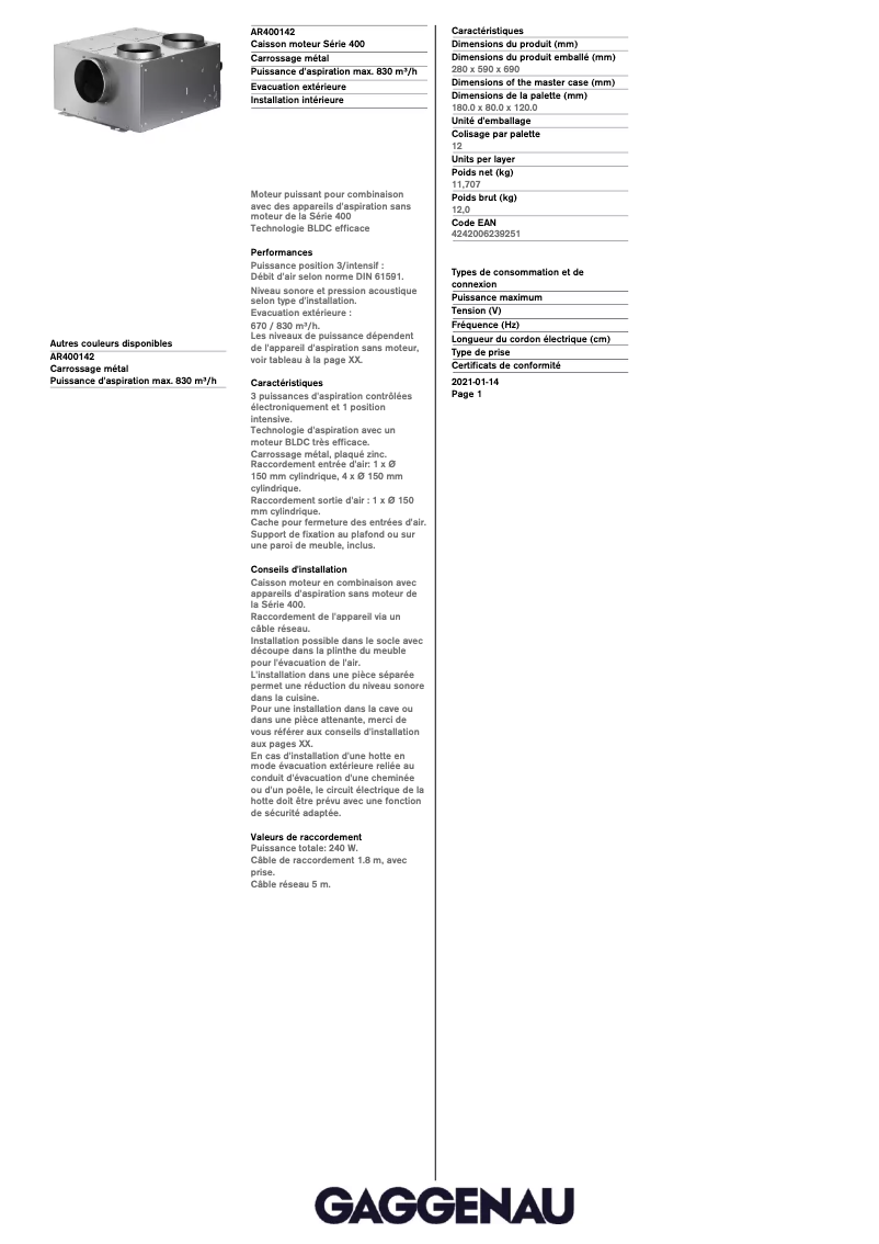Page n°1 - Fiche technique Gaggenau AR400142