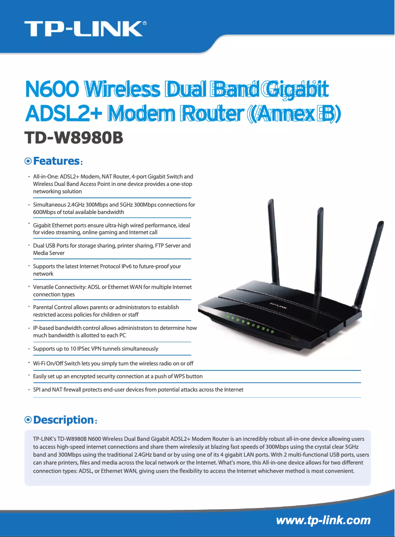 Page 1 de la notice Fiche technique TP-Link TD-W8980B