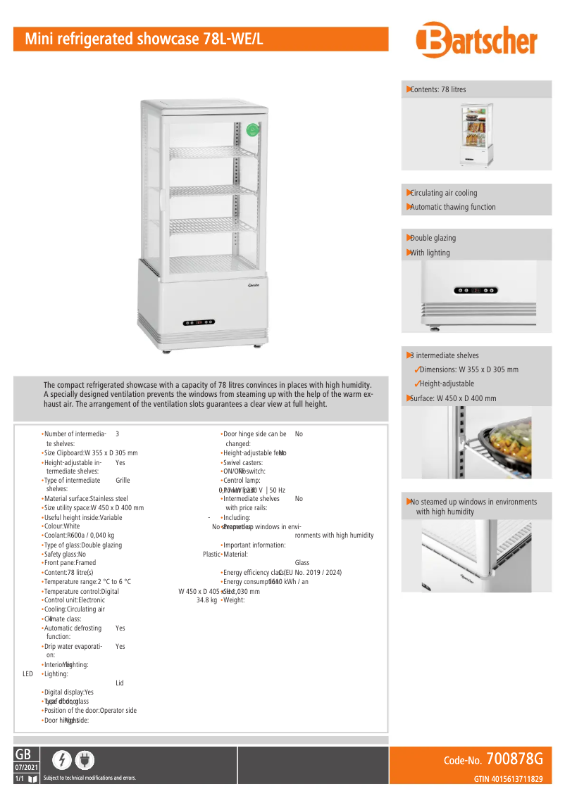 Page 1 de la notice Fiche technique Bartscher 700878G