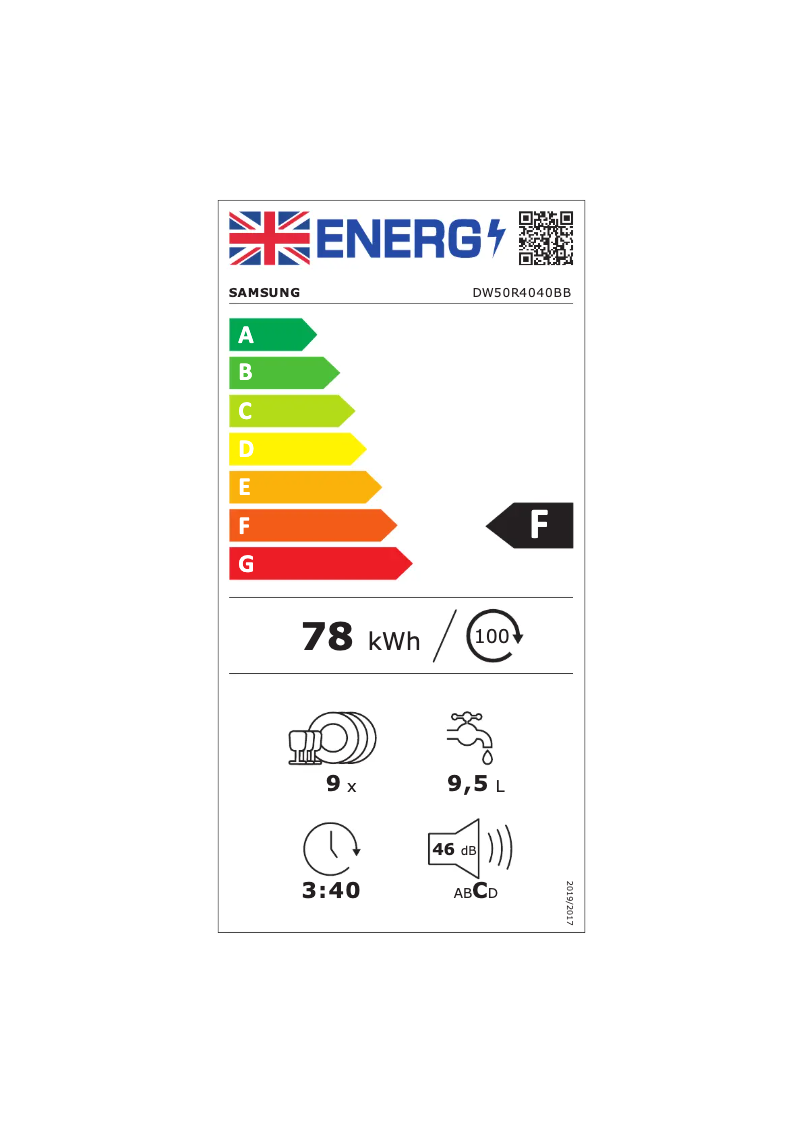 Page 1 de la notice Label énergétique Samsung DW50R4040BB