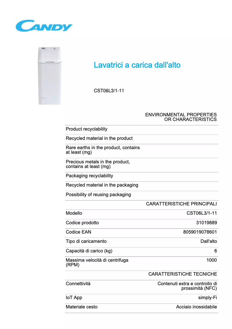 Page 1 de la notice Fiche technique Candy CST06L3/1-11