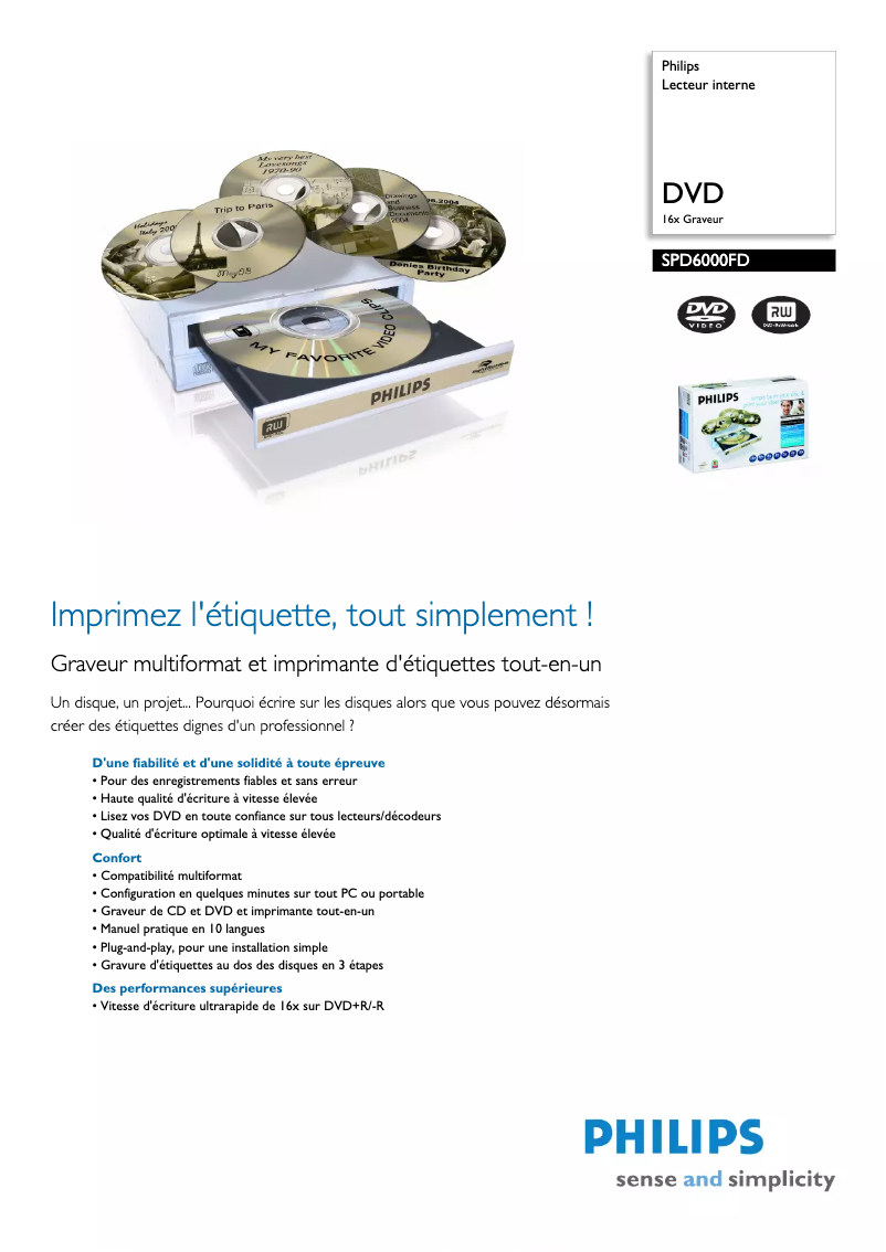 Page 1 de la notice Fiche technique Philips SPD6000FD