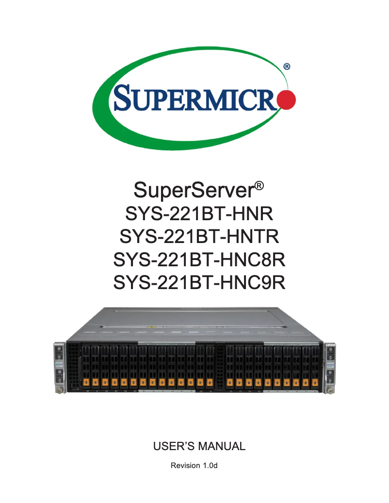 Page 1 de la notice Manuel utilisateur Supermicro SuperServer SYS-221BT-HNC9R