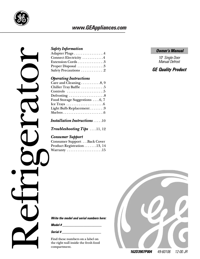 Page 1 de la notice Manuel d'utilisation et d'entretien GE TAX10SNXRAD