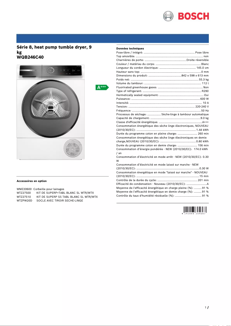 Page 1 de la notice Fiche technique Bosch WQB246C40