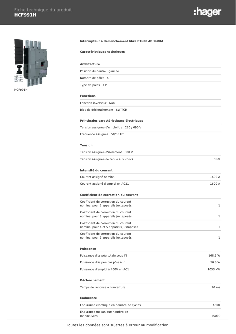 Page 1 de la notice Fiche technique Hager HCF991H