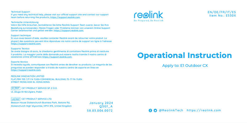 Image de la première page du manuel de l'appareil E1 Outdoor CX