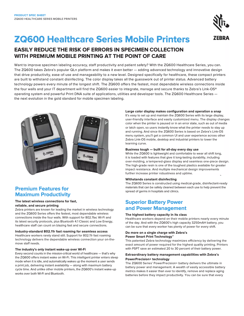 Page 1 de la notice Manuel utilisateur Zebra ZQ610