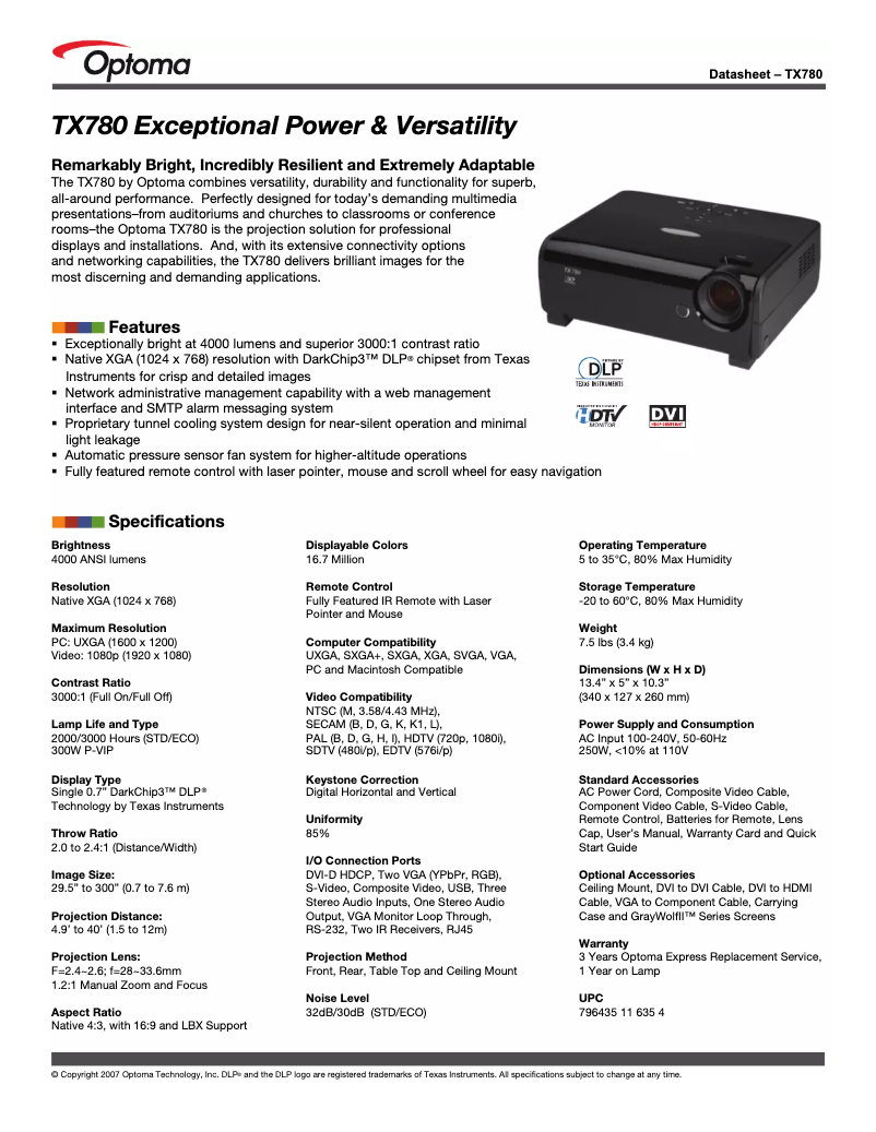 Page n°1 - Manuel utilisateur Optoma TX780