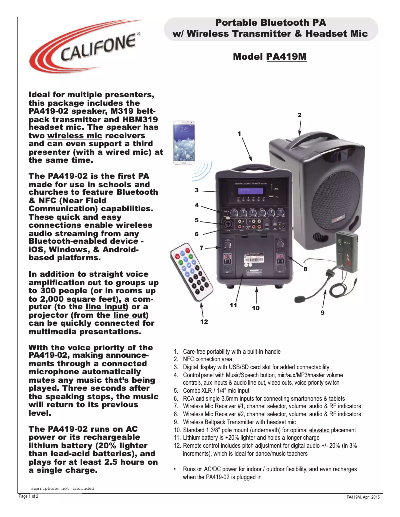 Page 1 de la notice Manuel utilisateur Califone PA419M