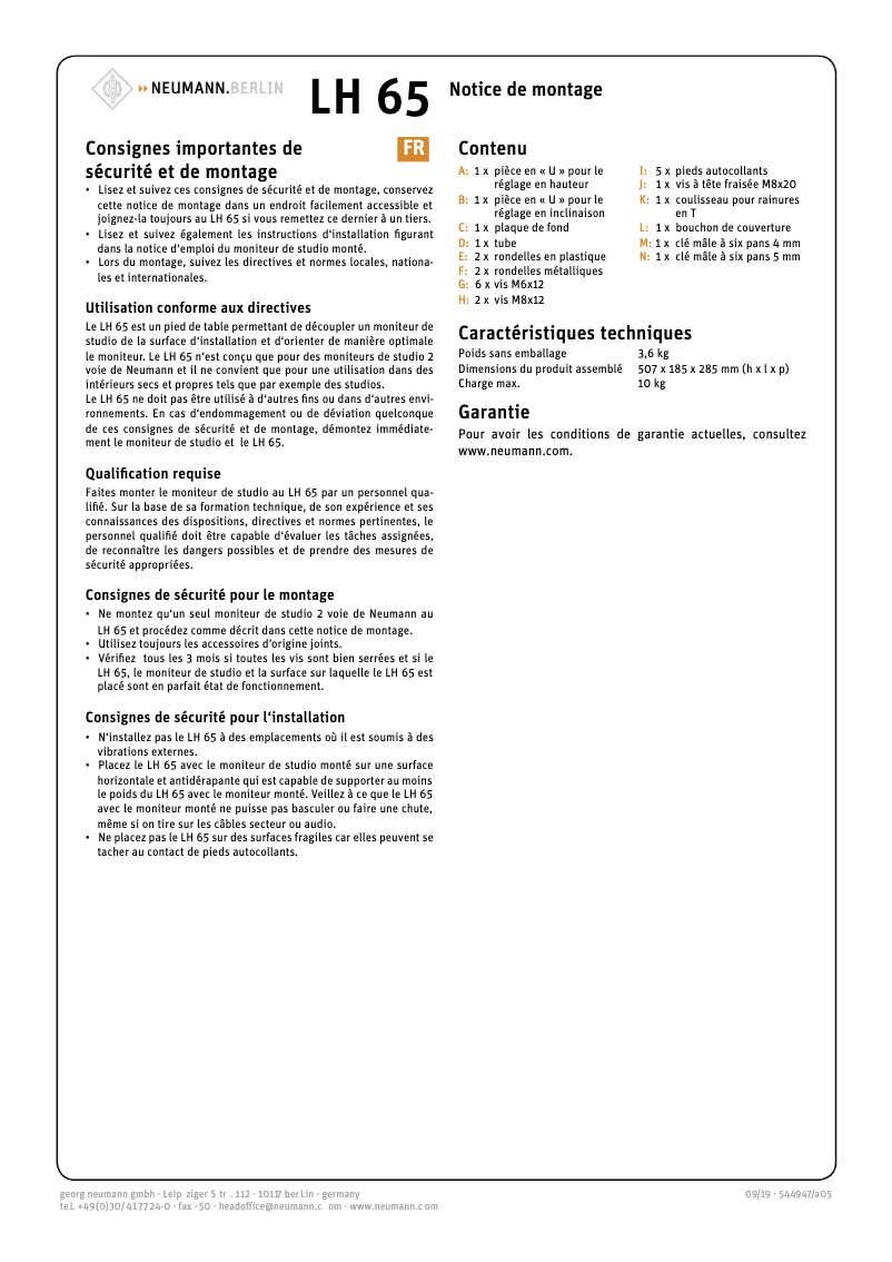 Page 1 de la notice Guide de démarrage rapide Neumann LH 65
