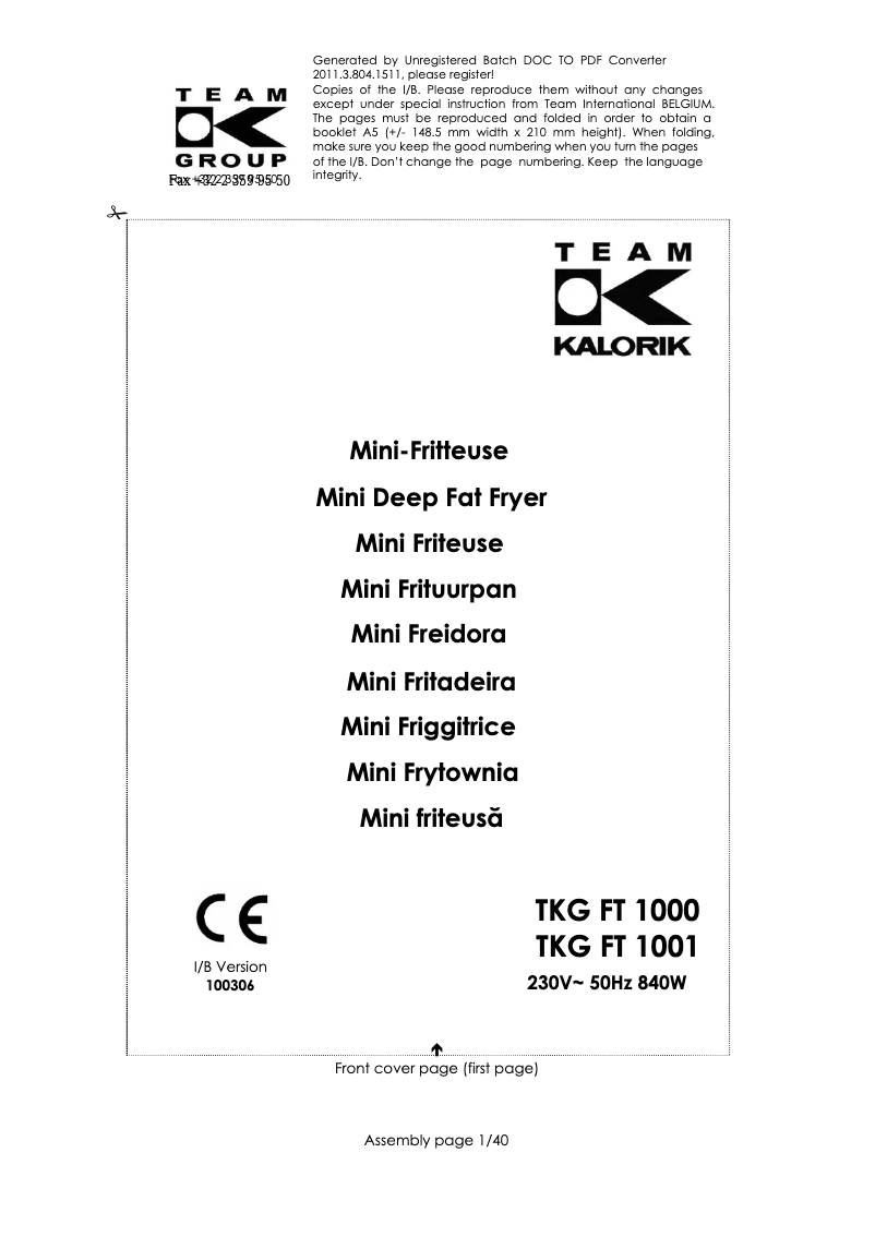 Page 1 de la notice Manuel utilisateur Kalorik TKG FT 1001