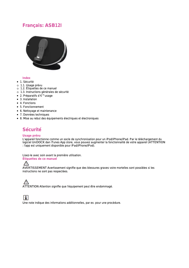 Image de la première page du manuel de l'appareil ASB12