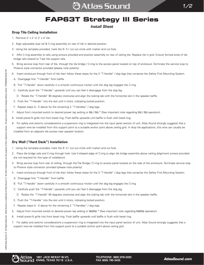 Page 1 de la notice Guide d'installation Atlas Sound FAP63T-W