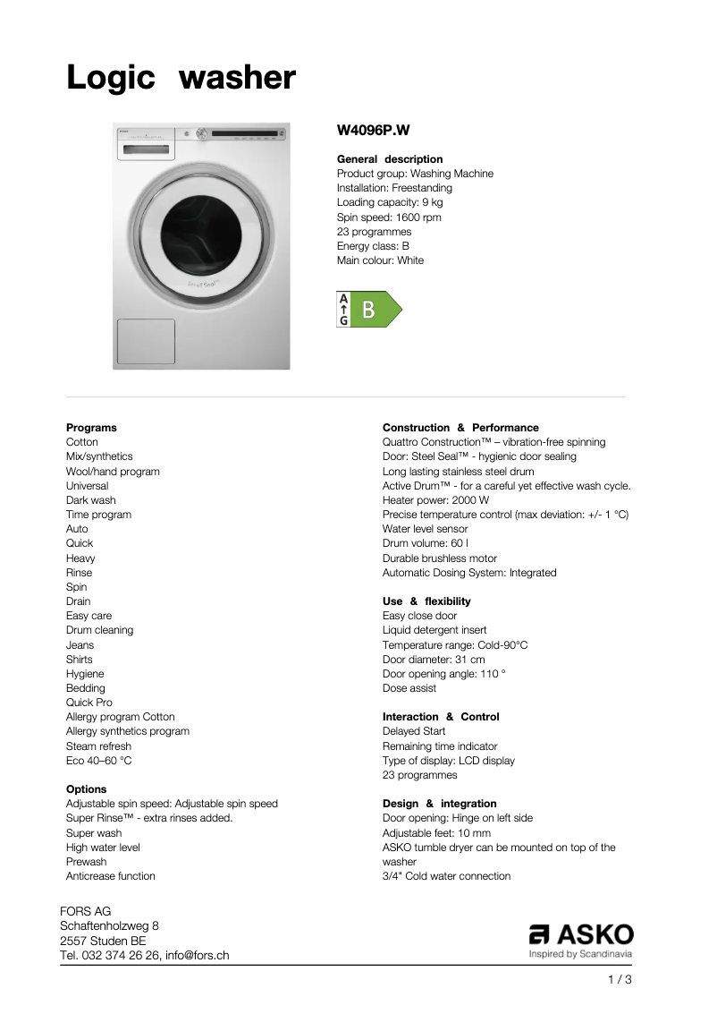 Page 1 de la notice Fiche technique Asko W4096P
