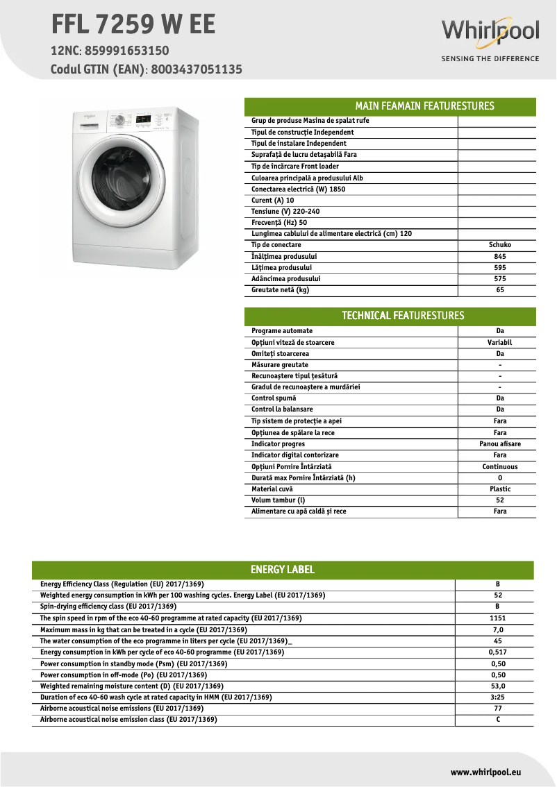 Page 1 de la notice Fiche technique Whirlpool FFL 7259 W EE