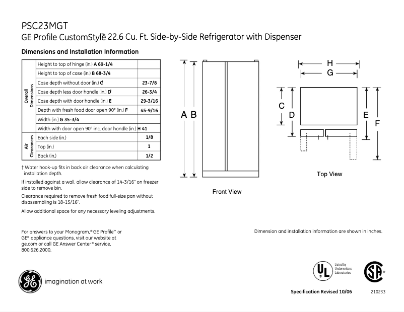 Página 1 del manual Ficha técnica GE PSC23MGTWW