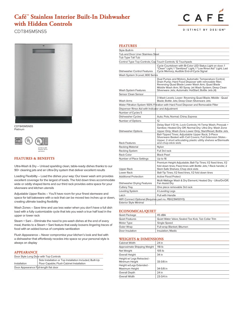 Page n°1 - Fiche technique GE CDT845M5NS5