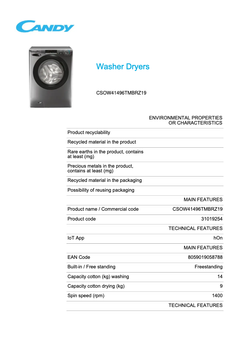 Page 1 de la notice Fiche technique Candy CSOW41496TMBRZ19