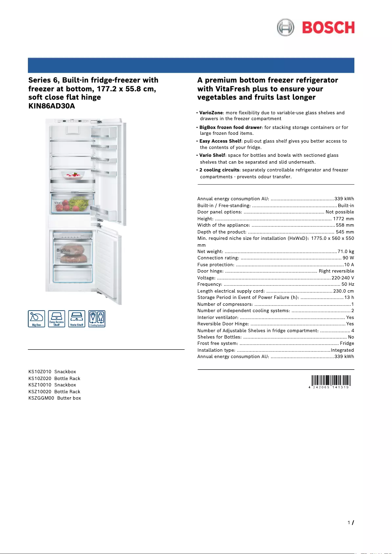 Page 1 de la notice Fiche technique Bosch KIN86AD30A