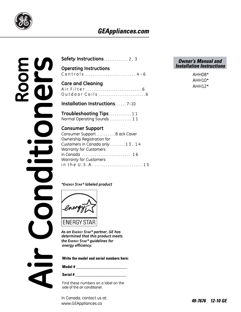 Page 1 de la notice Manuel d'utilisation et d'entretien GE AHH10AP