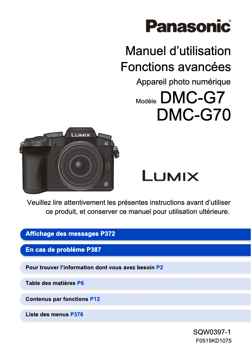 Page 1 de la notice Manuel utilisateur Panasonic Lumix DMC-G7
