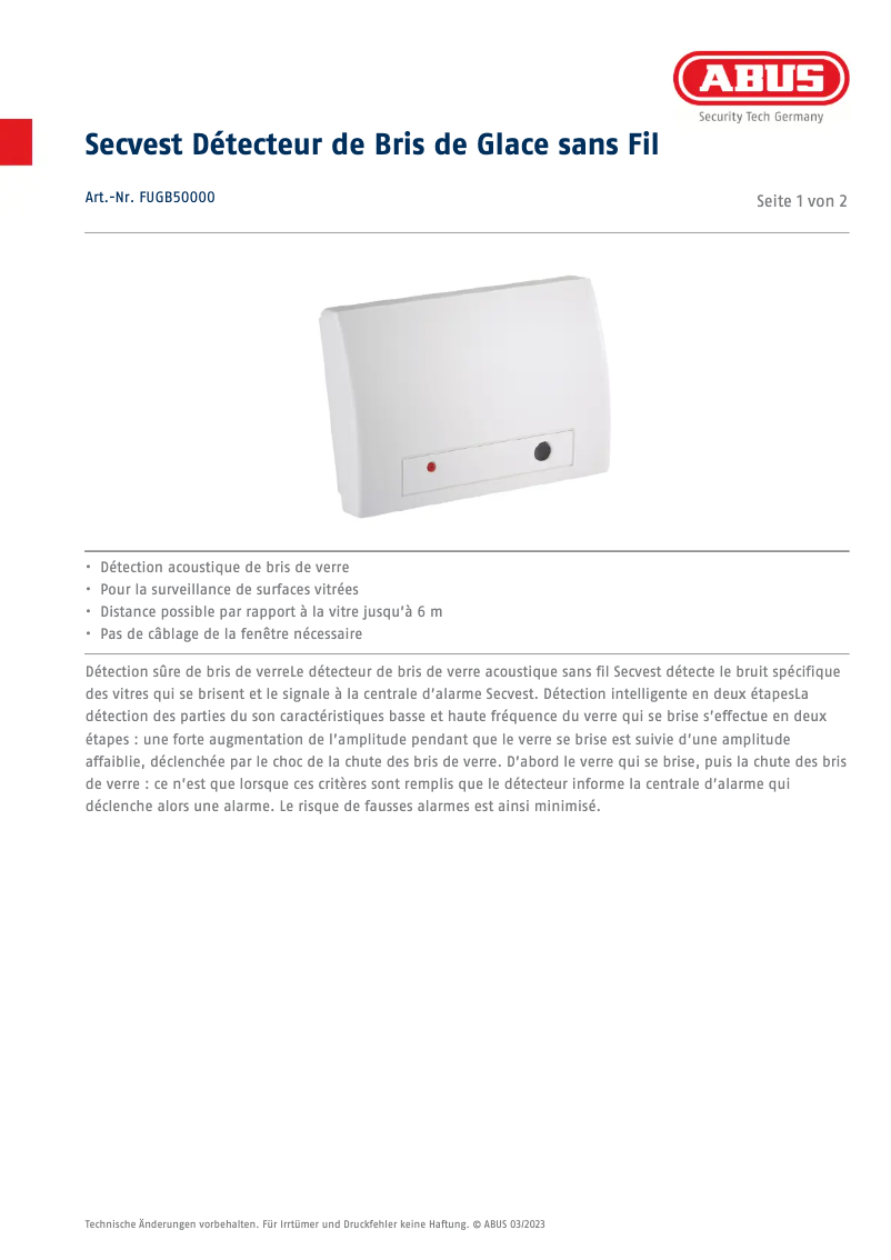 Page 1 de la notice Fiche technique Abus FUGB50000