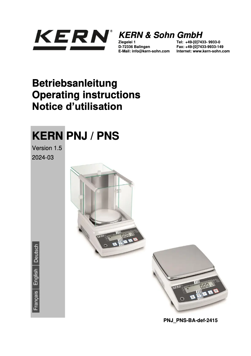 Page 1 de la notice Manuel utilisateur Kern PNJ 600-3M