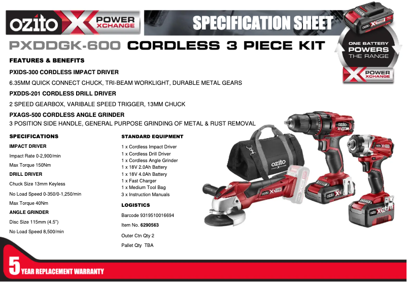 Page 1 de la notice Fiche technique Ozito PXDDGK-600